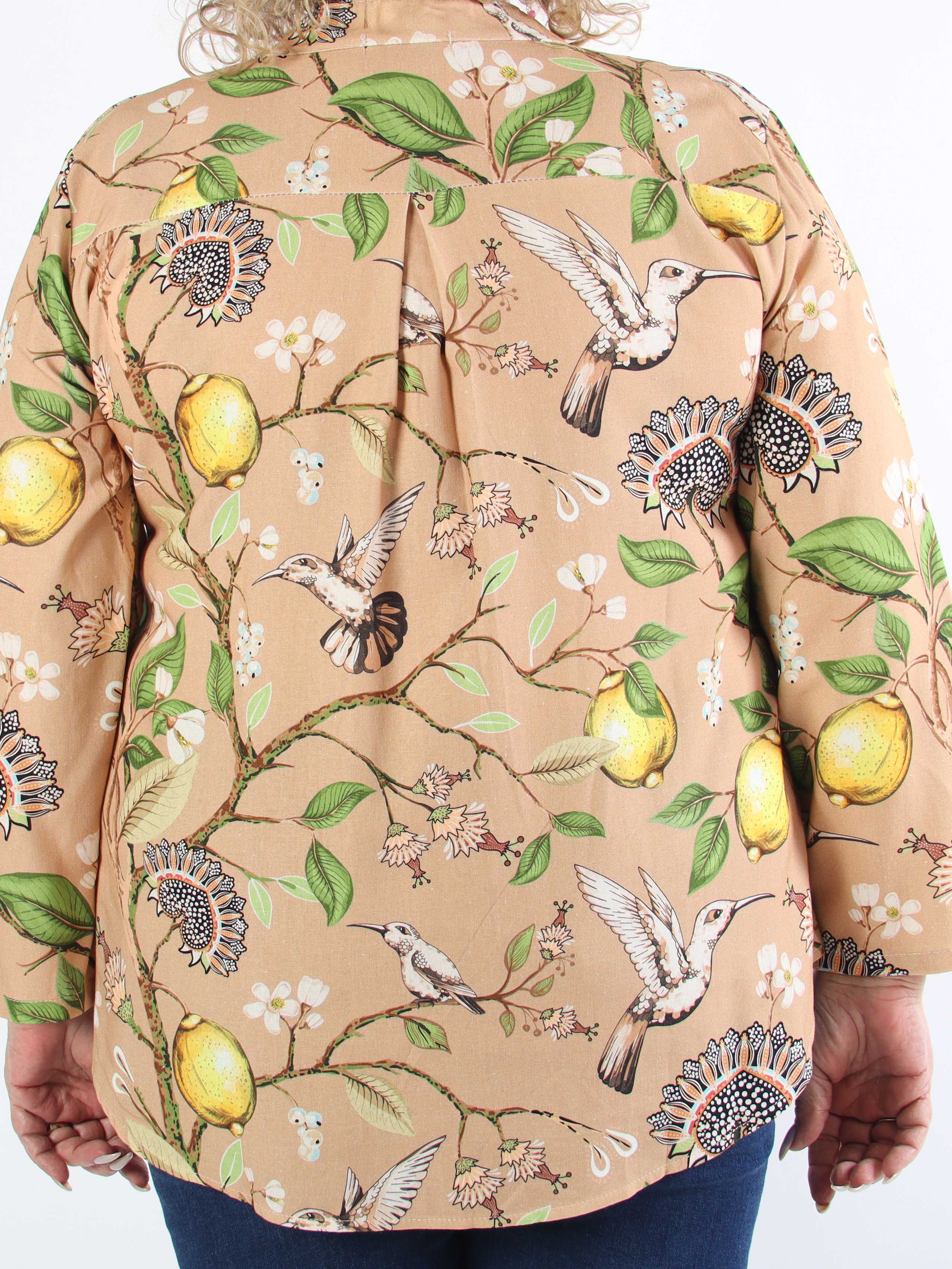 Almira - Plus size skjorte i hør og bomuld med fuglemotiver